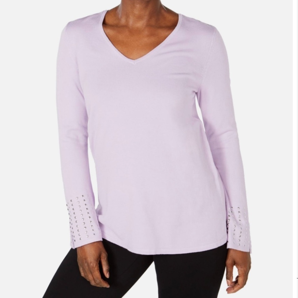 NWT JM Collection Purple Pullover Sweater Studded V-Neck Bell Sleeve, Size L